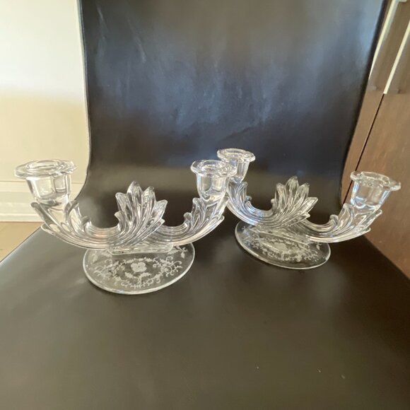 Vintage Fostoria Double Candlestick Navarre Etched Glass Flowers Base - Picture 10 of 10